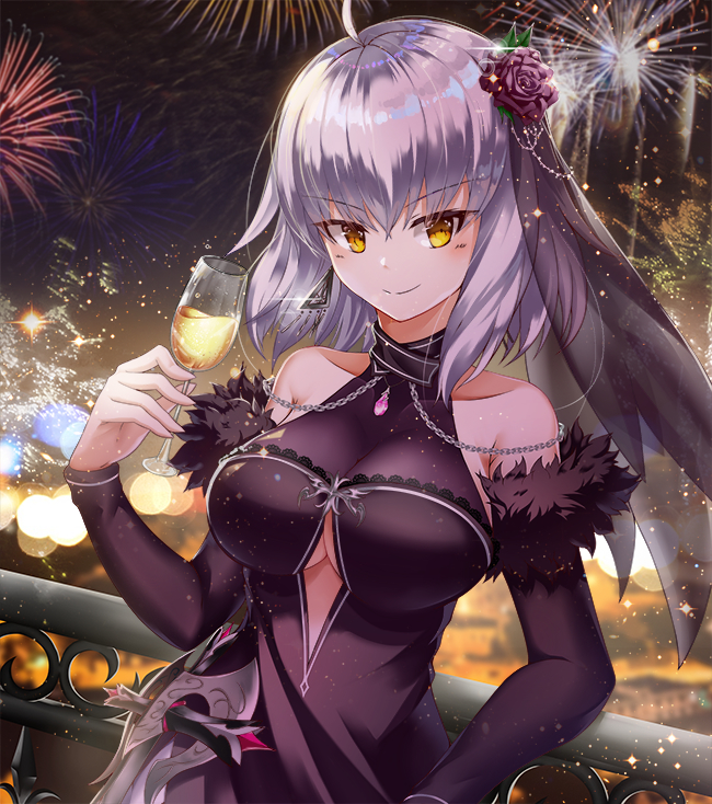 1girl adapted_costume alcohol blush breasts chains champagne champagne_flute commentary_request cup detached_sleeves dress drinking_glass fate/grand_order fate_(series) fireworks flower fur-trimmed_sleeves fur_trim hair_flower hair_ornament jeanne_d'arc_(alter)_(fate) jeanne_d'arc_(fate)_(all) large_breasts leaning_on_rail long_dress nokmal purple_dress short_hair side_slit silver_hair smile solo under_boob underboob_cutout veil yellow_eyes