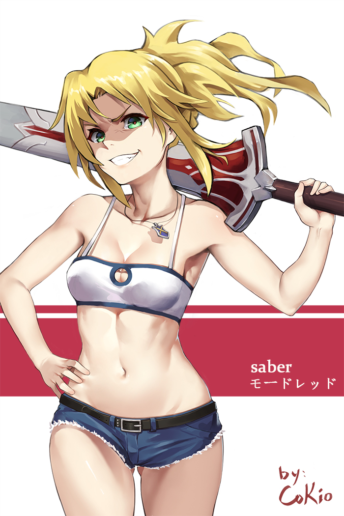 1girl bandeau bare_shoulders belt blonde_hair breasts clarent cleavage cokio commentary_request cowboy_shot cutoffs denim denim_shorts fate/apocrypha fate_(series) green_eyes grin hand_on_hip holding holding_sword holding_weapon jewelry long_hair looking_at_viewer medium_breasts midriff mordred_(fate) mordred_(fate)_(all) navel necklace parted_lips ponytail shaded_face shiny shiny_hair shiny_skin shorts smile solo standing sword teeth weapon