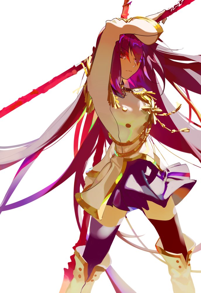 1girl aiguillette arm_over_head boots breasts closed_mouth double-breasted dress epaulettes fate/grand_order fate_(series) fighting_stance gae_bolg hair_intakes holding holding_spear holding_weapon l_asakura long_hair military military_uniform polearm purple_hair red_eyes scathach_(fate/grand_order) skirt spear thigh-highs uniform very_long_hair weapon white_dress white_footwear