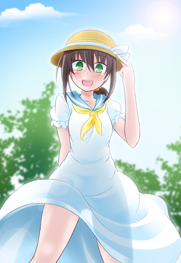 1girl alternate_costume black_hair blue_sky clouds commentary_request day dress fubuki_(kantai_collection) gluteal_fold gradient gradient_background green_eyes hat ichimi kantai_collection looking_at_viewer low_ponytail neckerchief open_mouth outdoors ponytail sailor_dress see-through_silhouette short_ponytail sidelocks sky smile solo sun_hat sundress upper_teeth white_dress yellow_neckwear