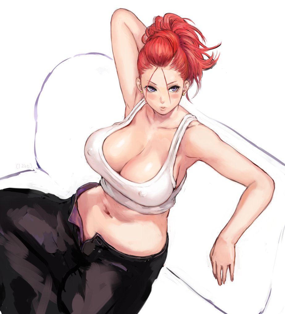 1girl arm_behind_head armpits bare_arms bare_shoulders black_pants blush breasts cleavage closed_mouth collarbone couch erect_nipples from_above grey_eyes large_breasts midriff mikanman navel original pants ponytail redhead sitting stomach unbuttoned_pants white_tank_top