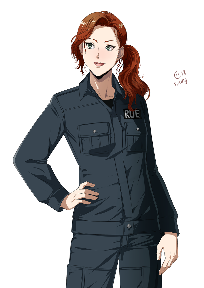 1girl cargo_pants collarbone cowboy_shot green_eyes hand_on_hip jacket looking_away makeup original pants redhead sasha_gladysh side_ponytail signature smile solo white_background