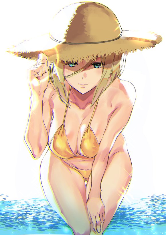1girl ashiomi_masato bare_shoulders bent_over bikini blonde_hair blue_eyes breasts cleavage closed_mouth commentary_request guilty_gear guilty_gear_xrd hand_on_headwear hand_on_own_knee hat leaning_forward millia_rage ocean outdoors smile straw_hat sunlight swimsuit water yellow_bikini