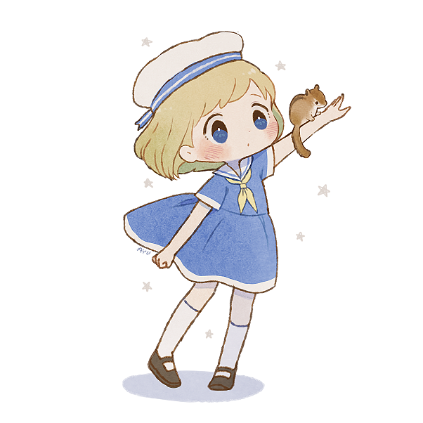 1girl animal_on_arm ayu_(mog) black_footwear blonde_hair blue_dress blue_eyes blush dress full_body hand_up hat kneehighs neckerchief original pigeon-toed sailor_collar sailor_dress sailor_hat short_hair short_sleeves signature simple_background solo squirrel standing standing_on_one_leg star white_background white_hat white_legwear white_sailor_collar yellow_neckwear