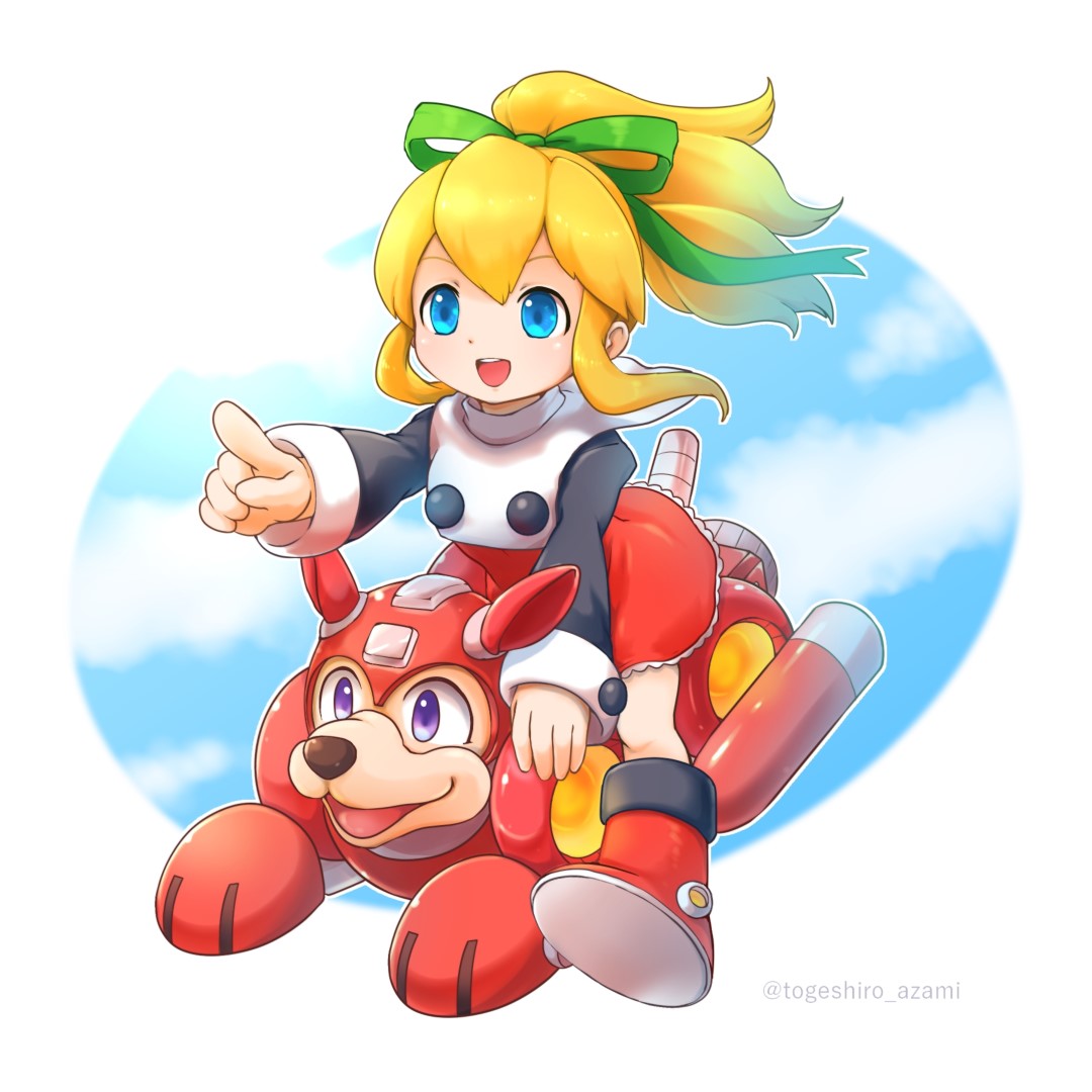 blonde_hair blue_eyes bow capcom child clouds dog dress flying full_body green_bow green_ribbon hair_between_eyes hair_ornament hair_ribbon happy high_ponytail long_hair long_sleeves open_mouth pointing pointing_finger pointing_forward ponytail red_dress red_footwear ribbon riding robot_animal rockman rockman_(classic) rockman_8 roll rush_(rockman) shoes sidelocks sky smile togeshiro_azami violet_eyes