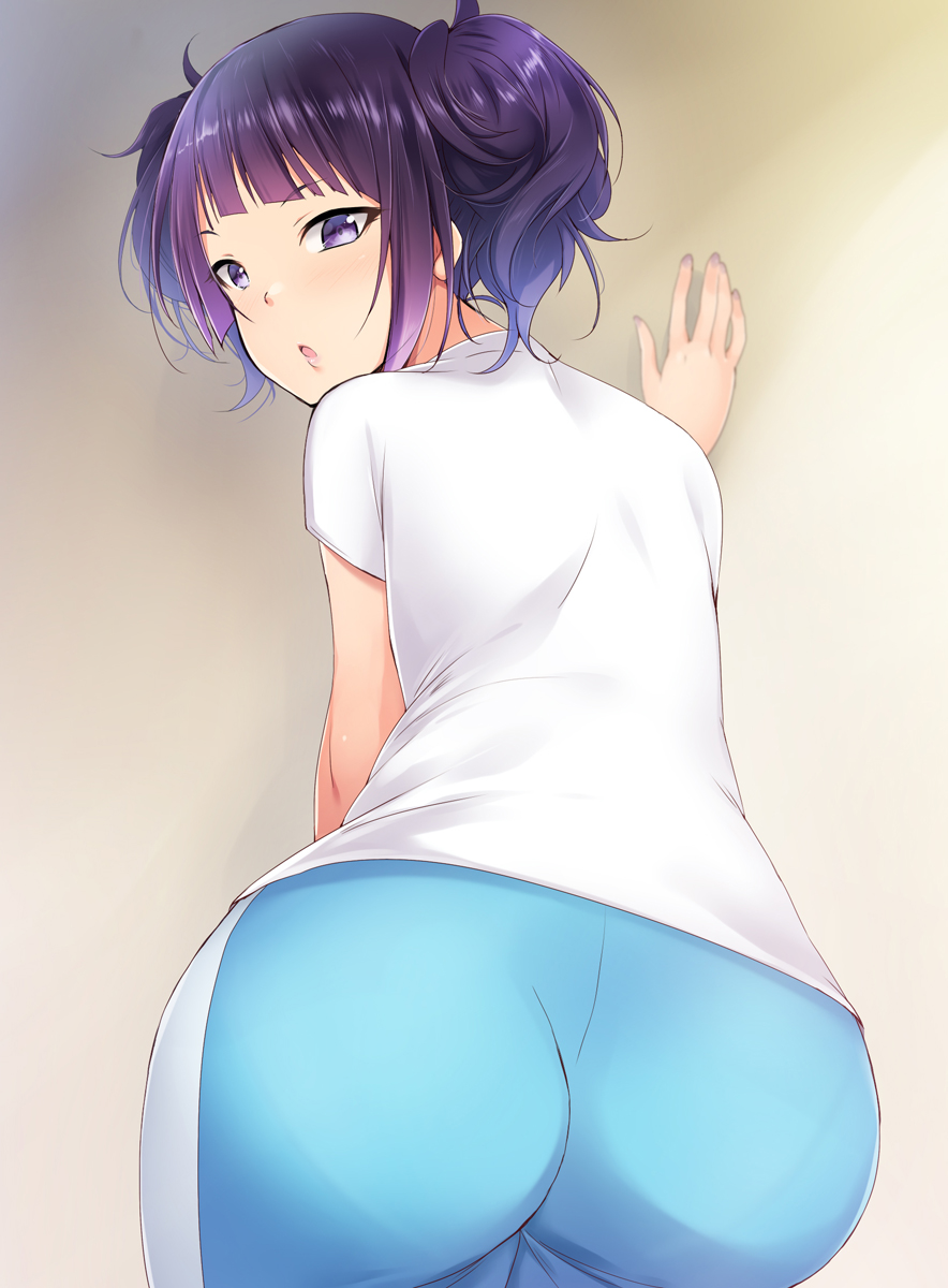 1girl ass bangs commentary_request diagonal_bangs from_behind highres idolmaster idolmaster_shiny_colors kaiga looking_at_viewer open_mouth pants purple_hair shirt solo t-shirt tanaka_mamimi track_pants twintails violet_eyes white_shirt