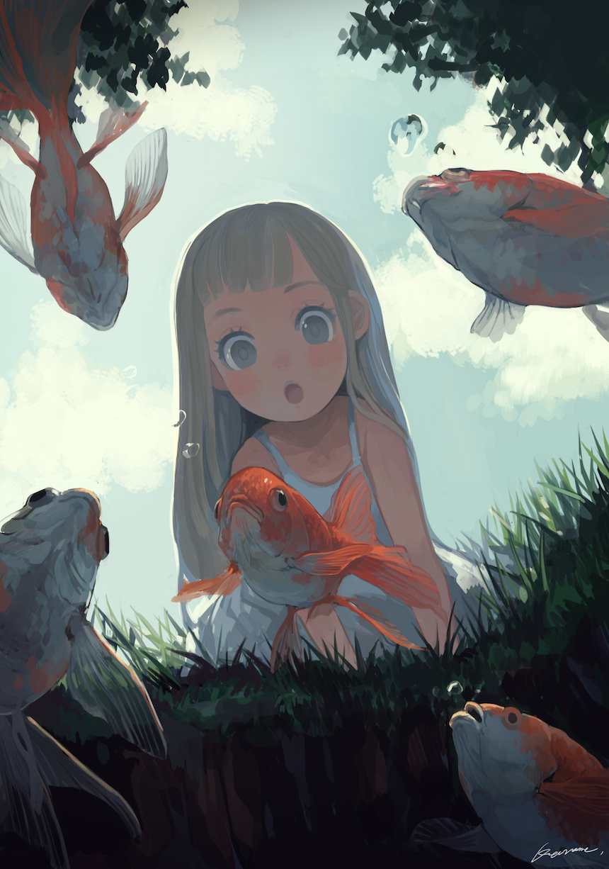 1girl :o clouds fish grass grey_eyes grey_hair highres kaname_(emanalc) koi long_hair original pond sky solo tree water