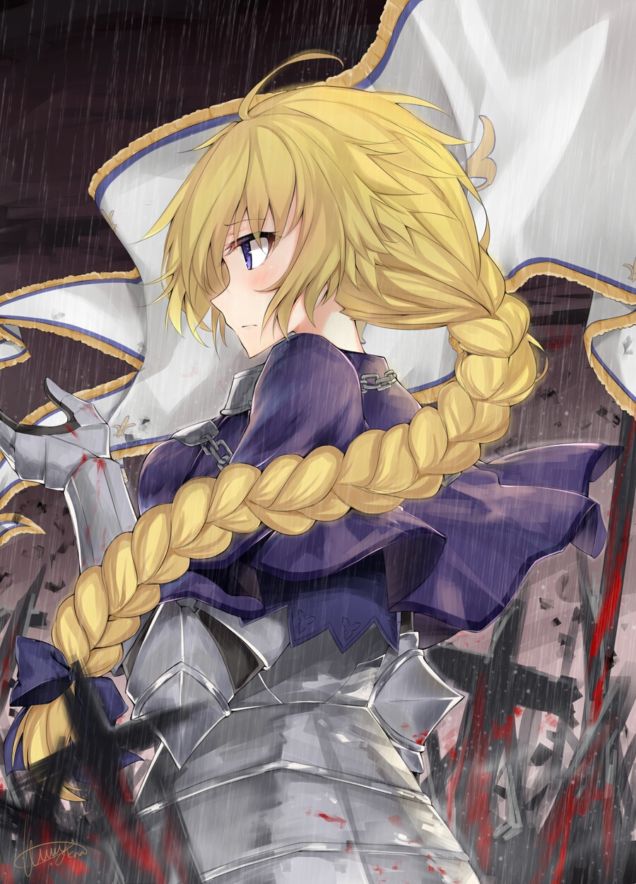 1girl armor armored_dress banner blonde_hair blush braid capelet fate/apocrypha fate_(series) gauntlets hair_ribbon highres jeanne_d'arc_(fate) jeanne_d'arc_(fate)_(all) kaa-san long_braid long_hair ribbon signature single_braid solo violet_eyes