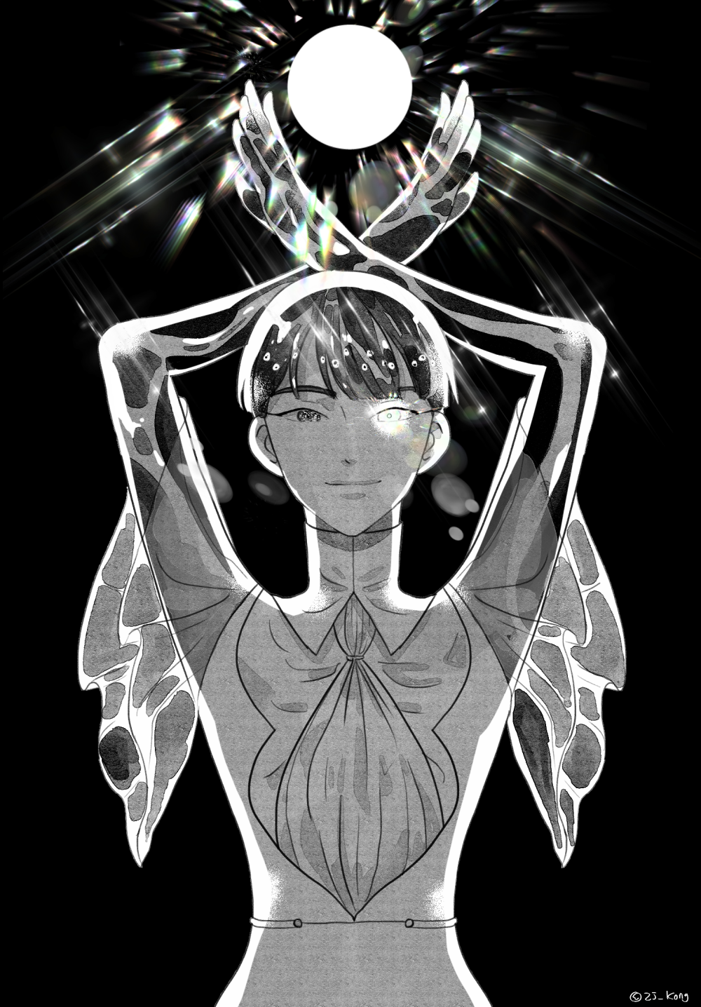 1other androgynous bangs black_background blunt_bangs full_moon glowing glowing_eye golden_arms heterochromia highres houseki_no_kuni kong_(kdo7) light looking_at_viewer monochrome moon necktie phosphophyllite phosphophyllite_(ll) see-through short_hair smile solo spoilers upper_body