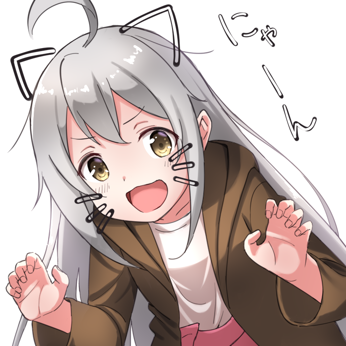 1girl ahoge animal_ears bangs blush brown_coat brown_eyes cat_ears cat_tail coat collarbone eyebrows_visible_through_hair fingernails genderswap genderswap_(mtf) hair_between_eyes hands_up hood hood_down hooded_coat long_hair long_sleeves onii-chan_wa_oshimai open_clothes open_coat oyama_mahiro pink_skirt pleated_skirt shirt silver_hair simple_background skirt solo tail tsukiman very_long_hair whisker_markings white_background white_shirt