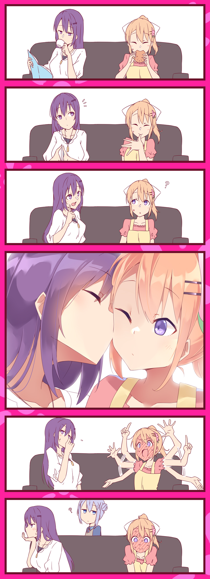 3girls ? blush cheek_kiss collarbone comic cookie couch cup eating eyebrows_visible_through_hair flailing food food_on_face full-face_blush gochuumon_wa_usagi_desu_ka? hair_between_eyes hair_ornament hairclip hetareeji highres hoto_cocoa index_finger_raised jitome kafuu_chino kiss multiple_girls one_eye_closed orange_hair ponytail purple_hair short_ponytail silent_comic sweat sweating_profusely teacup tedeza_rize violet_eyes yuri