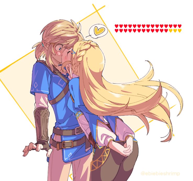 1boy 1girl ass blonde_hair blue_eyes blush closed_eyes earrings gloves hair_ornament heart jewelry kiss link long_hair pointy_ears ponytail princess_zelda shuri_(84k) simple_background the_legend_of_zelda the_legend_of_zelda:_breath_of_the_wild