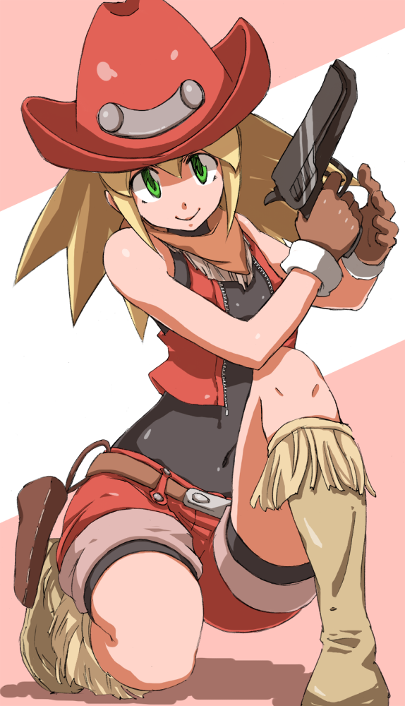 1girl adapted_costume bare_arms bare_shoulders belt bike_shorts bike_shorts_under_shorts blonde_hair boots brown_gloves covered_navel cowboy_boots cowboy_hat cropped_jacket gloves graphite_(medium) green_eyes gun hat holding holding_weapon jacket long_hair looking_at_viewer red_hat red_jacket red_shorts rockman rockman_dash roll_caskett scarf sen_(sen0910) short_shorts shorts sidelocks smile solo spiky_hair traditional_media undershirt weapon western