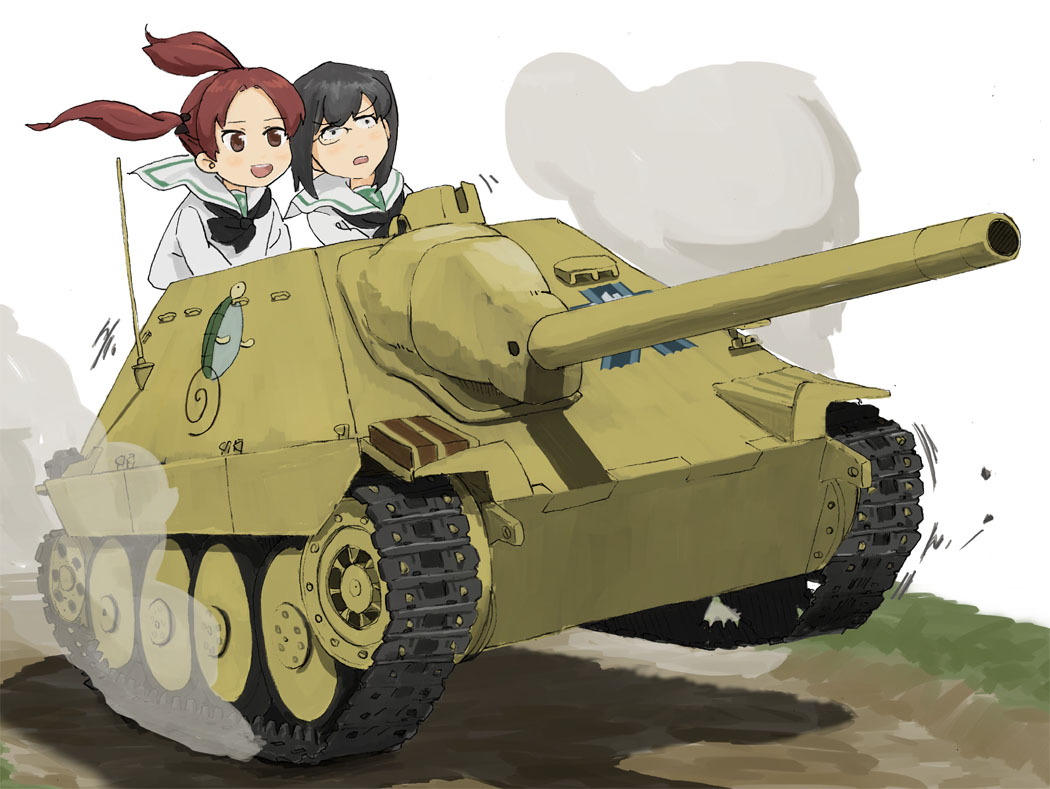 2girls black_hair brown_eyes brown_hair emblem girls_und_panzer ground_vehicle jagdpanzer_38(t) kadotani_anzu kawashima_momo military military_vehicle motor_vehicle multiple_girls nogitatsu ooarai_(emblem) ooarai_school_uniform short_hair tank tank_destroyer twintails white_background