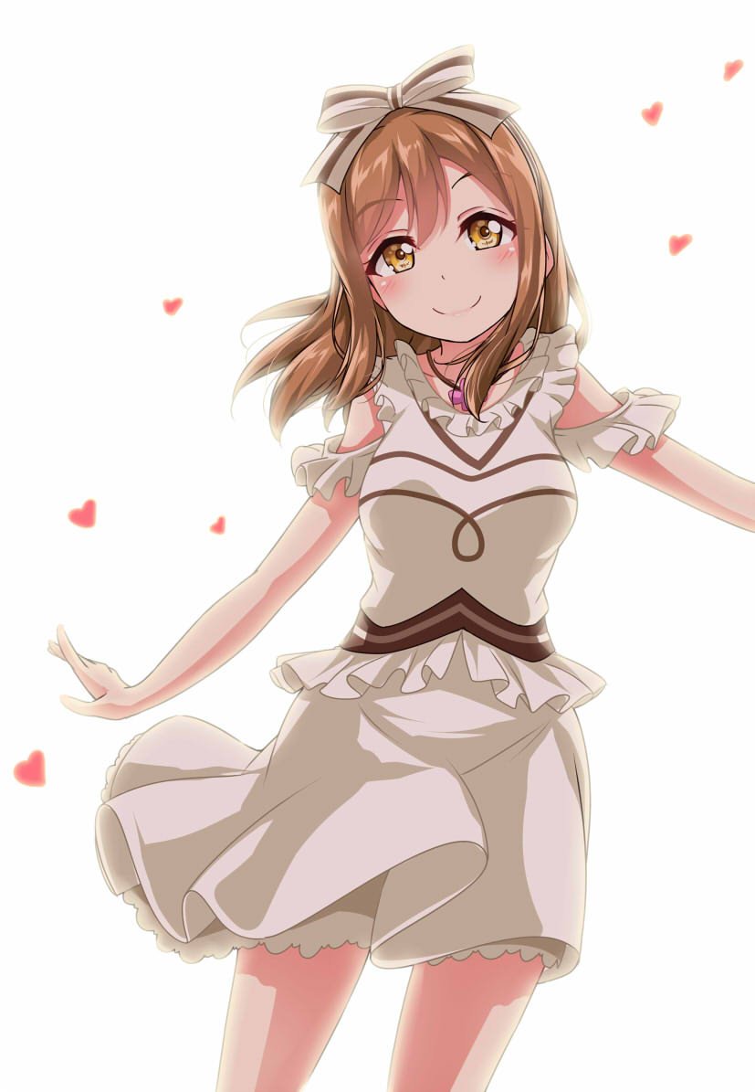 1girl blush bow brown_eyes brown_hair commentary_request cowboy_shot eyebrows_visible_through_hair frilled_shirt_collar frills hair_bow heart jewelry kunikida_hanamaru long_hair looking_at_viewer love_live! love_live!_sunshine!! outstretched_arms pendant shoulder_cutout skirt smile solo spread_arms striped striped_bow torikoriko_please!! white_background yopparai_oni