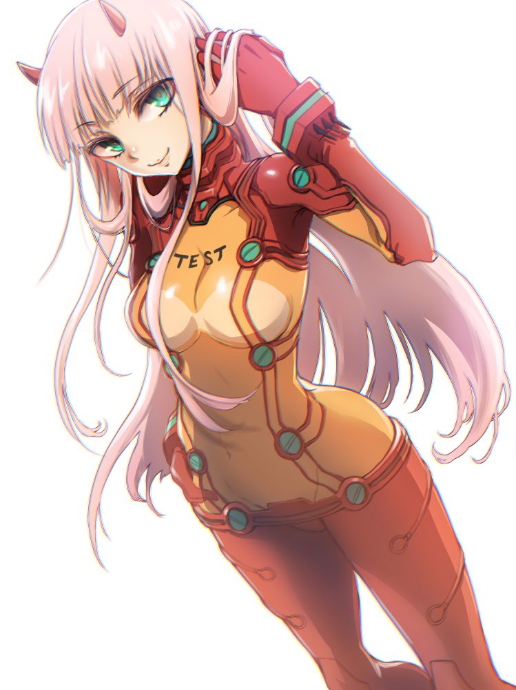 1girl bodysuit color_connection commentary_request cosplay darling_in_the_franxx evangelion:_2.0_you_can_(not)_advance female green_eyes herozu_(xxhrd) long_hair looking_at_viewer multicolored multicolored_bodysuit multicolored_clothes neon_genesis_evangelion oni_horns pink_hair plugsuit rebuild_of_evangelion red_bodysuit red_horns shikinami_asuka_langley_(cosplay) simple_background solo souryuu_asuka_langley souryuu_asuka_langley_(cosplay) standing test_plugsuit white_background zero_two_(darling_in_the_franxx)