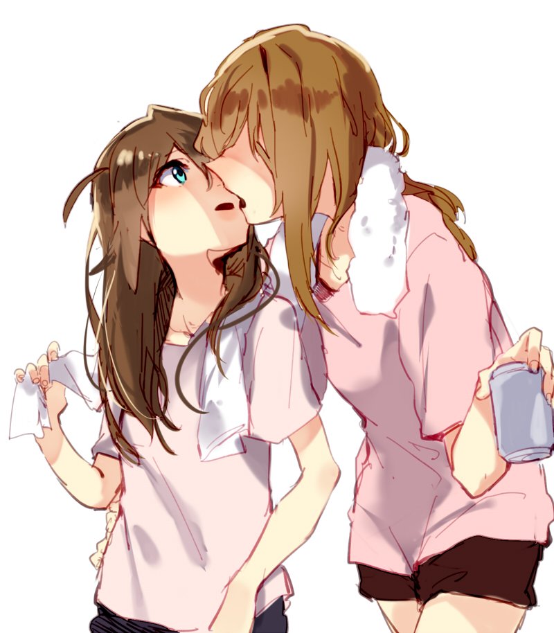 2girls :0 blue_shorts can couple cowboy_shot green_eyes hamada_(super_tachioyogi_kyousou) hand_on_another's_back holding holding_can holding_towel imminent_kiss leaning_forward looking_at_another multiple_girls no_eyes open_mouth original pink_shirt red_shorts shaded_face shirt shorts simple_background sketch standing towel towel_around_neck upper_body white_background yuri