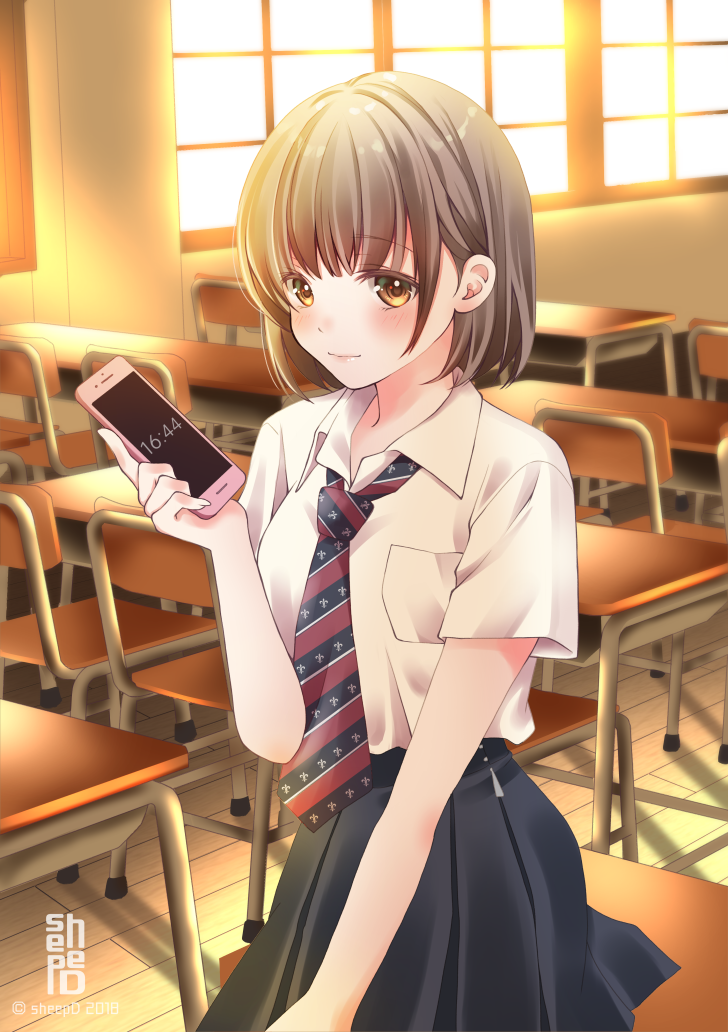 1girl 2018 artist_name bangs black_skirt blush breast_pocket breasts brown_eyes brown_hair cellphone chair classroom closed_mouth collared_shirt commentary_request desk diagonal_stripes eyebrows_visible_through_hair holding holding_cellphone holding_phone indoors light_smile long_hair medium_breasts necktie on_bench original phone pleated_skirt pocket school_chair school_desk school_uniform sheepd shirt short_hair short_sleeves sitting skirt solo striped striped_neckwear sunlight white_shirt window wooden_floor