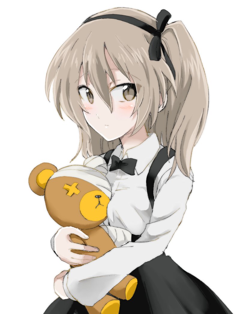 1girl bandage bangs black_neckwear black_ribbon boko_(girls_und_panzer) bow bowtie casual closed_mouth collared_shirt eyebrows_visible_through_hair frown girls_und_panzer high-waist_skirt holding light_brown_eyes light_brown_hair long_hair long_sleeves looking_at_viewer moekichi ribbon shimada_arisu shirt side_ponytail simple_background skirt solo standing stuffed_animal stuffed_toy suspender_skirt suspenders teddy_bear upper_body white_background white_shirt