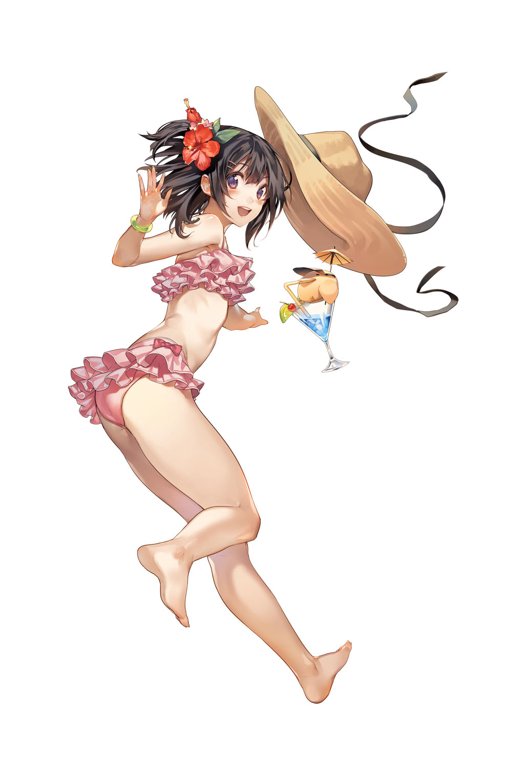 1girl ass barefoot bikini bird blonde_hair braid drink drinking erakis flower frilled_bikini frills full_body hair_flower hair_ornament hat hat_removed hat_ribbon headwear_removed hibiscus highres leenim looking_at_viewer official_art open_mouth pink_bikini red_eyes ribbon simple_background solo swimsuit upper_teeth wavy_mouth white_background