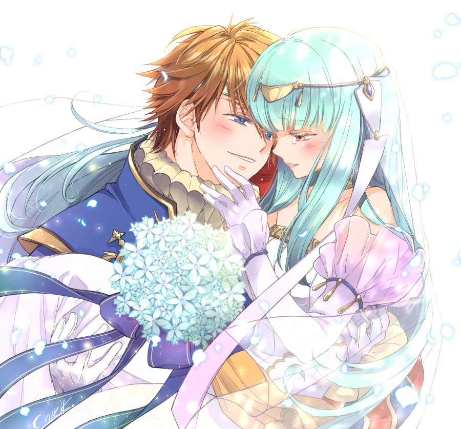 1boy 1girl bare_shoulders blue_hair blush bouquet bridal_veil bride cape dress eliwood_(fire_emblem) fire_emblem fire_emblem:_rekka_no_ken fire_emblem_heroes flower formal gloves groom hair_flower hair_ornament jewelry kizuki_miki mamkute necklace ninian red_eyes redhead rose short_hair simple_background smile strapless suit tiara tuxedo veil wedding wedding_dress white_dress white_gloves