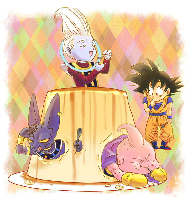 4boys :p animal antennae beerus black_eyes black_hair boots cape cat chibi closed_eyes commentary_request dessert dougi dragon_ball dragonball_z eating eyebrows_visible_through_hair finger_to_mouth fingernails food full_body gloves happy long_sleeves looking_at_another majin_buu male_focus multicolored multicolored_background multiple_boys open_mouth plate pudding short_hair smile son_gokuu spiky_hair spoon stargeyser tongue tongue_out whis white_hair