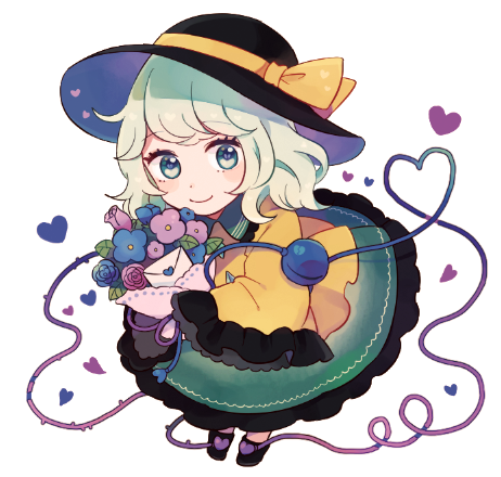 1girl black_hat blouse blue_eyes bouquet bow chibi closed_mouth commentary_request eyebrows_visible_through_hair flower frilled_shirt_collar frilled_skirt frilled_sleeves frills full_body hat hat_bow heart heart_of_string komeiji_koishi looking_at_viewer lowres mozukuzu_(manukedori) rose skirt sleeves_past_wrists smile solo third_eye touhou white_background wide_sleeves yellow_bow