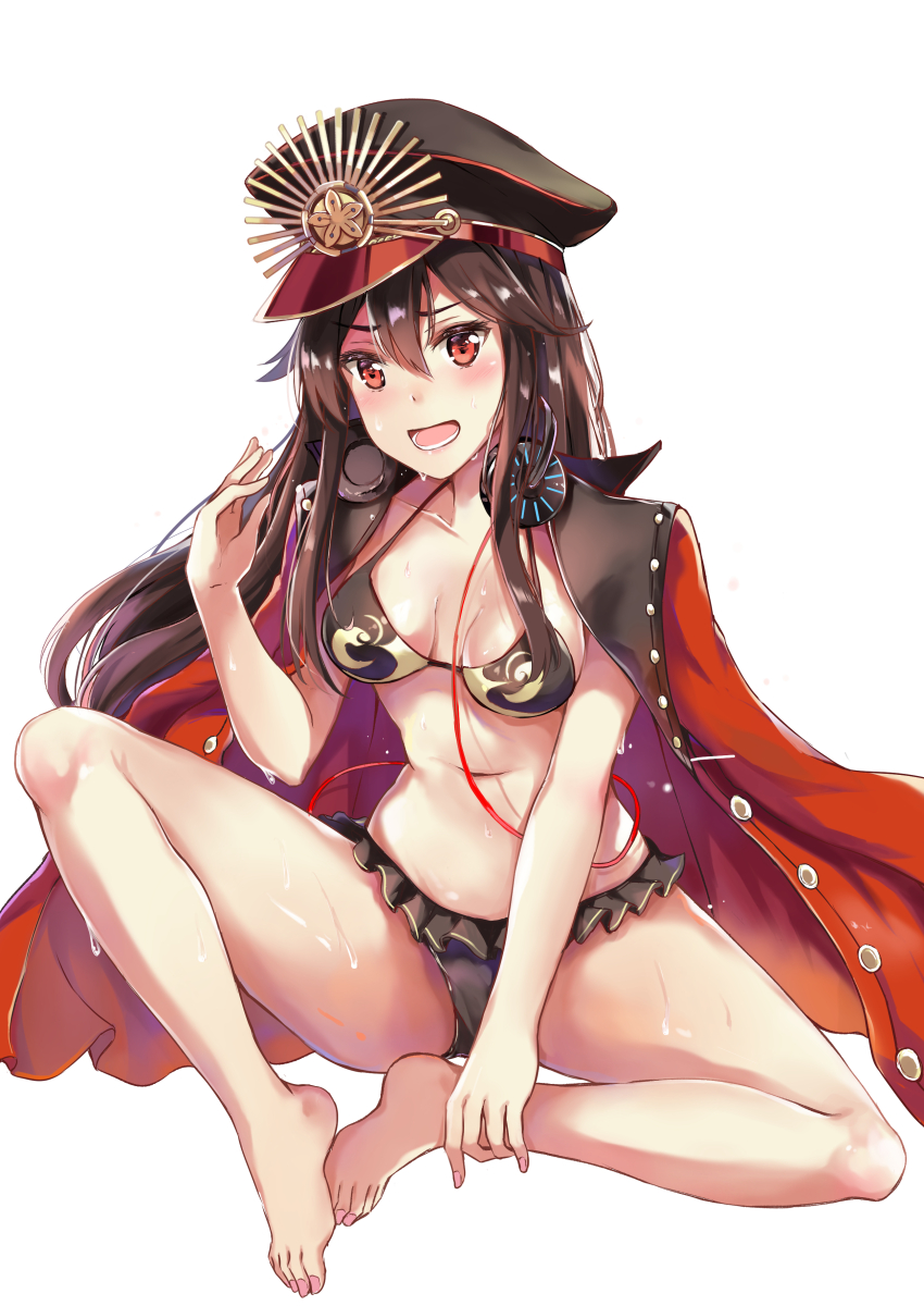 1girl ankle_grab bangs bikini black_bikini black_hat blush breasts breasts_apart brown_hair cape commentary_request eyebrows_visible_through_hair family_crest fate/grand_order fate_(series) fingernails hair_between_eyes hand_up hat headphones headphones_around_neck highres koha-ace konka long_hair medium_breasts military_hat nail_polish navel oda_nobunaga_(fate) oda_uri open_mouth peaked_cap pink_nails pixiv_fate/grand_order_contest_2 red_cape red_eyes simple_background sitting solo swimsuit very_long_hair wet white_background