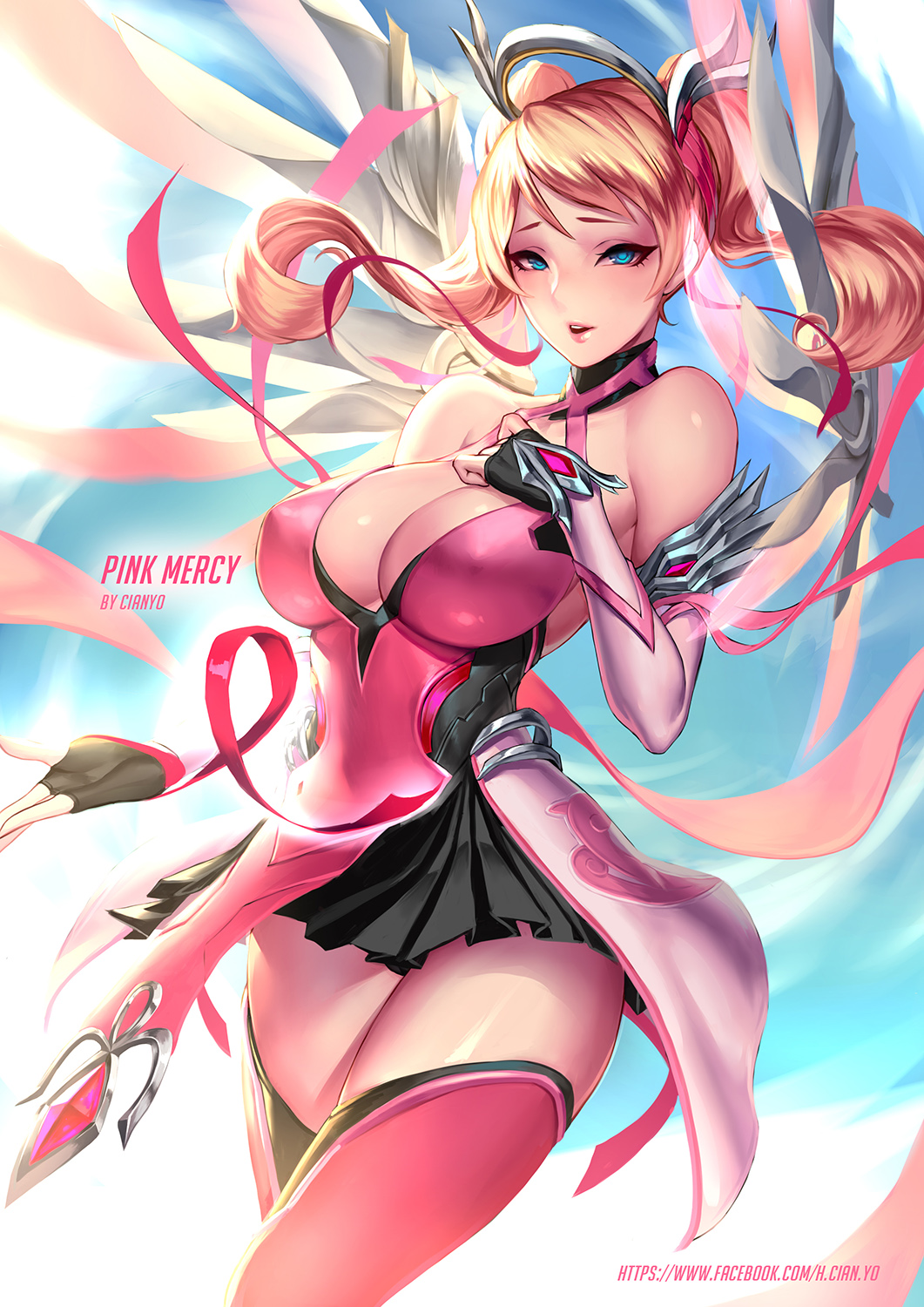 1girl alternate_costume alternate_hairstyle artist_name bare_shoulders black_skirt blonde_hair blue_eyes blue_sky breasts character_name cian_yo cleavage criss-cross_halter dress gloves hair_ribbon halterneck hand_on_own_chest highres large_breasts lips looking_at_viewer mechanical_halo mechanical_wings mercy_(overwatch) miniskirt nose outdoors overwatch parted_lips pelvic_curtain pink_dress pink_legwear pink_lips pink_mercy pink_ribbon pleated_skirt ribbon signature skirt sky solo thigh-highs twintails watermark web_address wings