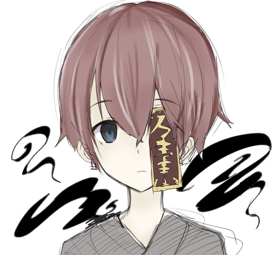 1girl blue_eyes brown_hair copyright_request earrings empty_eyes eyebrows_visible_through_hair hair_between_eyes japanese_clothes jewelry looking_at_viewer nezuko ofuda one_eye_covered short_hair simple_background sketch smoke solo torii_earrings upper_body white_background