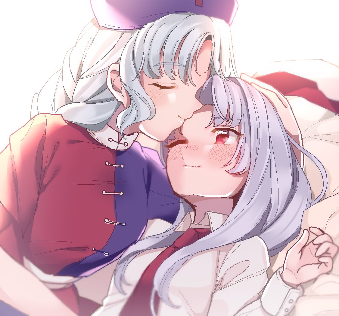 2girls blue_hat blush closed_eyes commentary_request forehead_kiss hand_on_another's_head hat kiss long_hair long_sleeves lying multiple_girls necktie on_back purple_hair red_cross red_neckwear reisen_udongein_inaba satomachi short_sleeves smile touhou white_hair yagokoro_eirin yuri