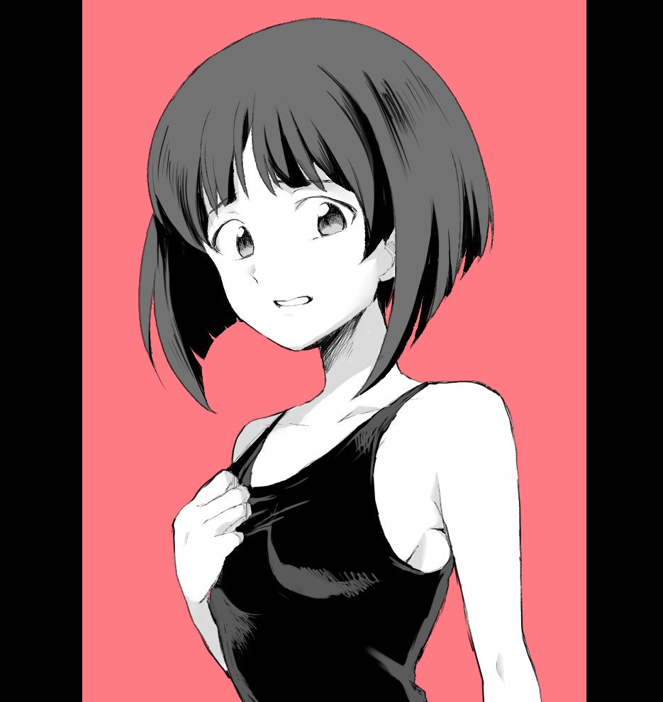 1girl adjusting_clothes adjusting_swimsuit bangs blunt_bangs bob_cut commentary_request girls_und_panzer gotou_moyoko greyscale light_frown looking_at_viewer moekichi monochrome one-piece_swimsuit open_mouth pillarboxed red_background school_swimsuit short_hair solo standing swimsuit upper_body