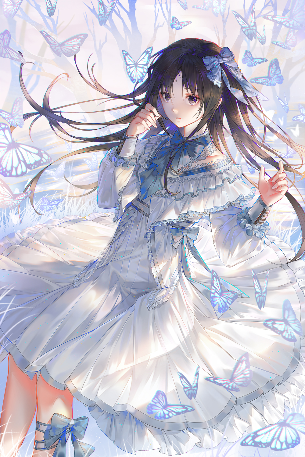 1girl blue_bow blue_neckwear blue_ribbon bow brown_eyes brown_hair bug butterfly day dress fantasy frilled_dress frills hair_bow hand_up highres insect invisible_chair leg_ribbon long_hair long_sleeves original outdoors ribbon shenteita sitting tree white_dress