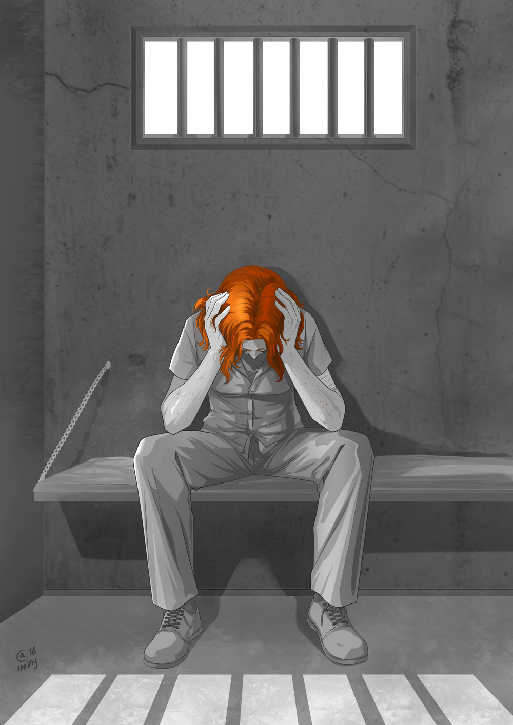 1girl bandage bandaged_arm borrowed_character breasts freckles full_body greyscale hands_on_own_head highres looking_down monochrome orange_hair original prison_cell prison_clothes sasha_gladysh signature sitting small_breasts solo spot_color