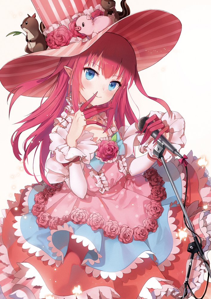 1girl bangs blue_eyes closed_mouth commentary_request detached_sleeves dress elizabeth_bathory_(fate) elizabeth_bathory_(fate)_(all) eyebrows_visible_through_hair fate/extra fate/extra_ccc fate_(series) flower hair_between_eyes hand_up hat holding holding_microphone long_hair long_sleeves microphone pink_dress pink_flower pink_hair pink_hat pink_rose pointy_ears rose sleeveless sleeveless_dress smile solo striped stuffed_animal stuffed_pig stuffed_squirrel stuffed_toy top_hat vertical-striped_hat vertical_stripes very_long_hair yumaomi