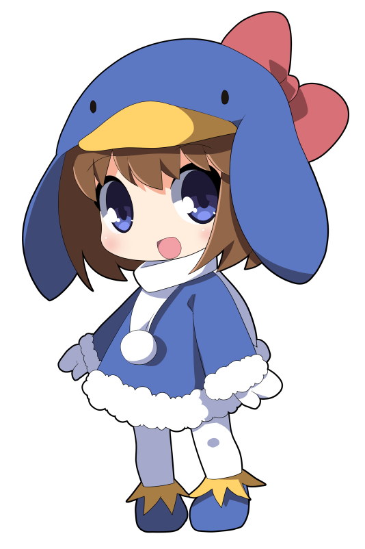 1girl :d animal_hood bangs blue_coat blue_eyes blue_footwear blue_hat blush boots bow brown_hair chibi coat commentary_request copyright_request eyebrows_visible_through_hair full_body fur-trimmed_coat fur-trimmed_sleeves fur_trim hair_between_eyes hat hood long_sleeves mittens open_mouth osaragi_mitama pantyhose penguin_hat pom_pom_(clothes) red_bow scarf short_hair smile solo standing white_legwear white_mittens white_scarf