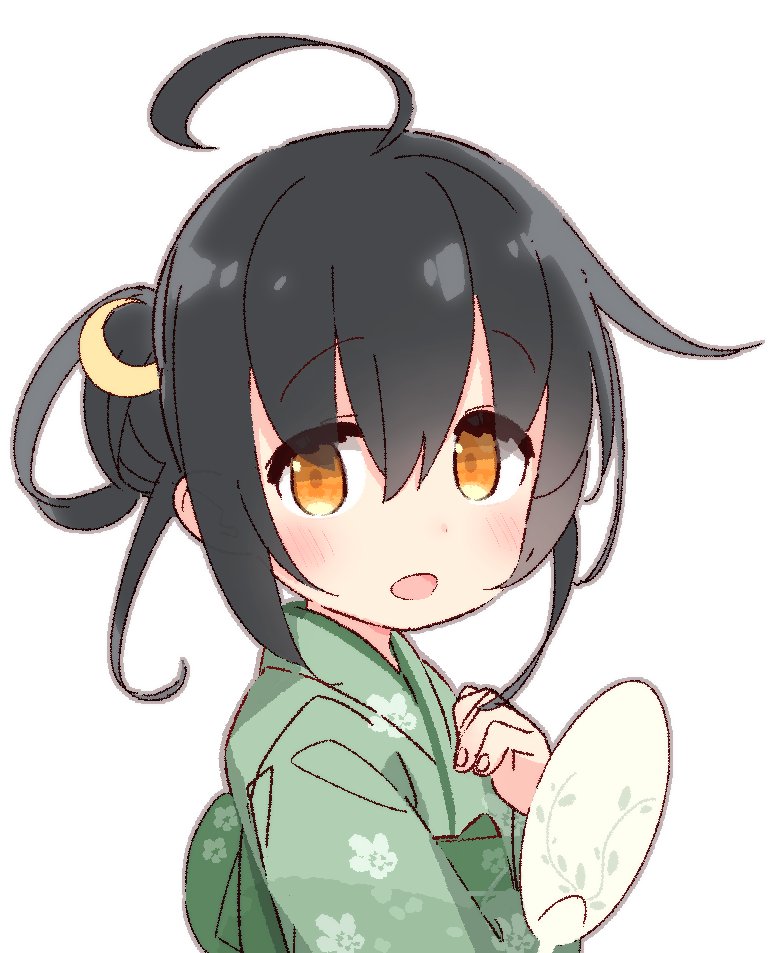 1girl :d ahoge black_hair blush commentary crescent crescent_hair_ornament fan floral_print hair_ornament japanese_clothes kantai_collection kimono looking_at_viewer mikazuki_(kantai_collection) open_mouth orange_eyes paper_fan simple_background smile solo uchiwa white_background yoru_nai yukata
