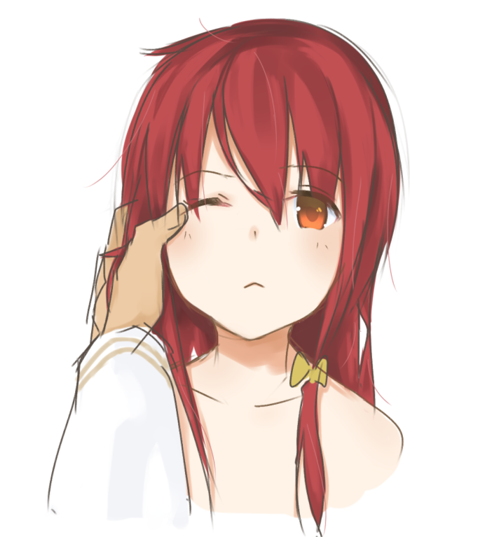 1boy 1girl :&lt; blush bow closed_mouth copyright_request hair_bow hand_on_another's_face long_hair looking_at_viewer nezuko nude one_eye_closed pov pov_hands red_eyes redhead simple_background sketch smile white_background yellow_bow