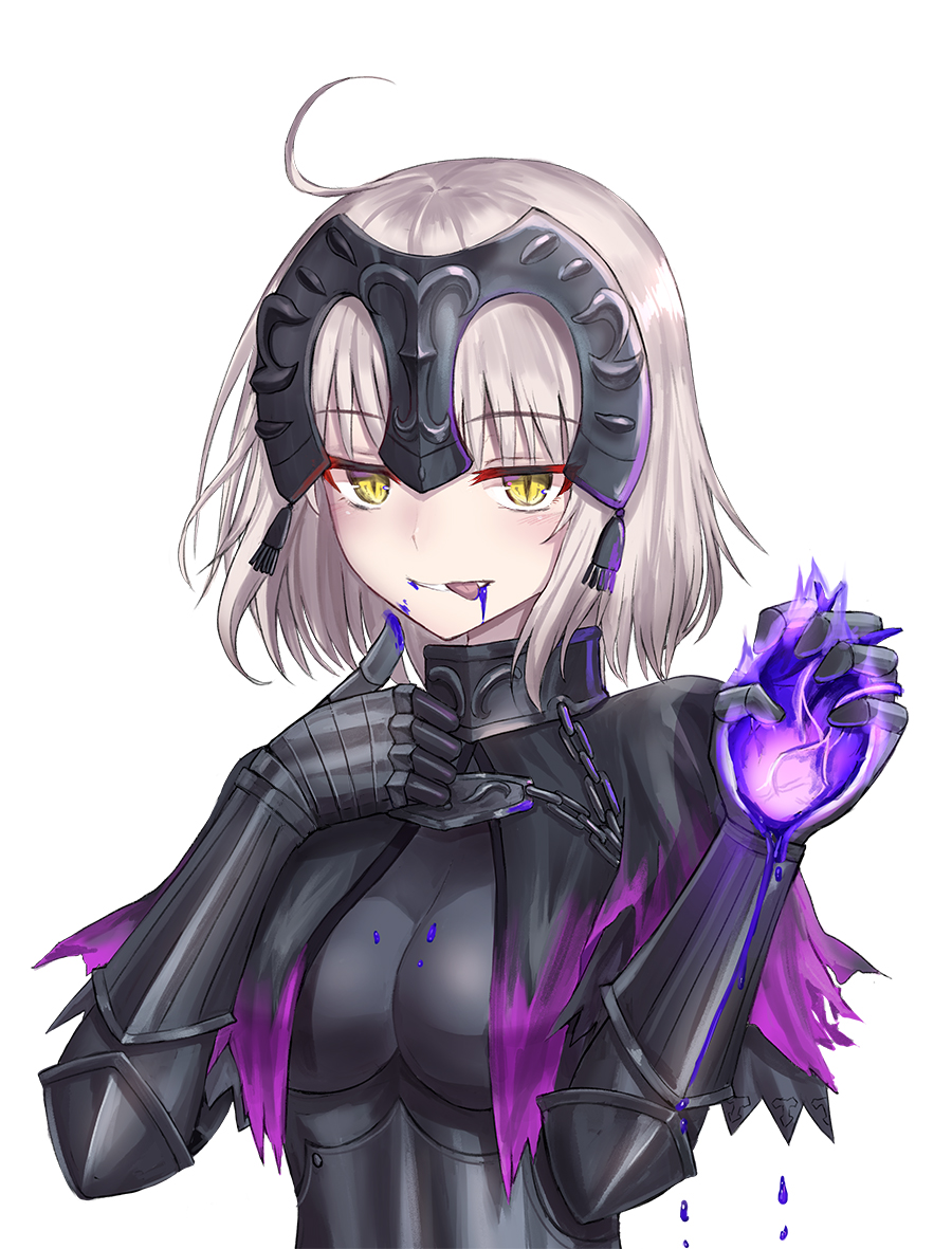 ahoge armor armored_dress bangs black_capelet black_dress blood blood_in_mouth blue_blood blush breasts capelet commentary_request dress eyebrows_visible_through_hair fate/apocrypha fate/grand_order fate_(series) gradient gradient_capelet hands_up headpiece heart_(organ) holding_heart jeanne_d'arc_(alter)_(fate) jeanne_d'arc_(fate)_(all) medium_breasts parted_lips purple_capelet seungju_lee silver_hair simple_background solo tongue tongue_out white_background yellow_eyes