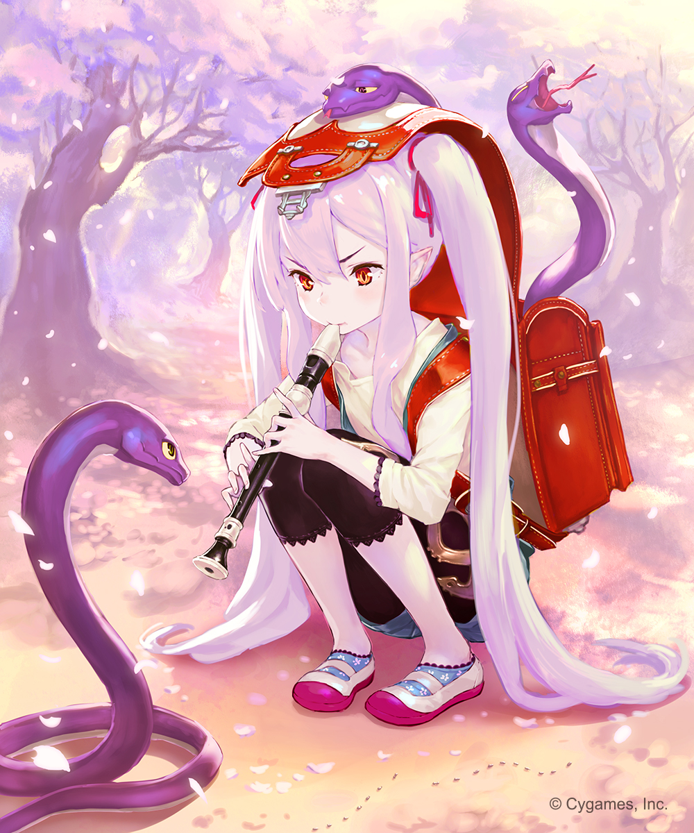 1girl ant backpack bag bike_shorts black_shorts blue_legwear blue_shorts bug cherry_blossoms company_name day eyelashes fingernails full_body granblue_fantasy hair_between_eyes hair_ribbon highres hisakata_souji holding holding_instrument insect instrument long_hair long_sleeves medusa_(shingeki_no_bahamut) music official_art orange_eyes outdoors petals playing_instrument pointy_ears purple_legwear randoseru recorder red_ribbon ribbon shingeki_no_bahamut shirt shoes short_shorts shorts shorts_under_shorts sidelocks sleeves_past_elbows snake snake_charmer solo squatting tree twintails uwabaki very_long_hair white_footwear white_hair white_shirt