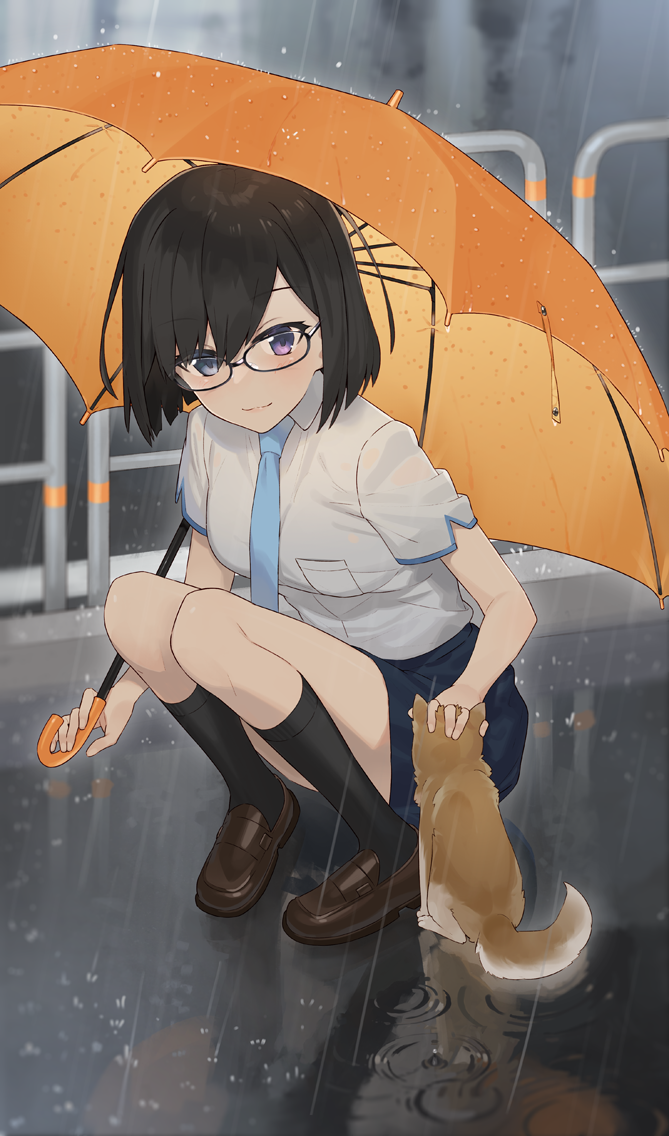 1girl animal black-framed_eyewear black_hair black_legwear black_skirt blue_eyes blue_neckwear blush breasts brown_footwear closed_mouth collared_shirt commentary_request dog glasses hayashi_kewi heterochromia holding holding_umbrella kneehighs loafers necktie orange_umbrella original outdoors petting puddle railing rain ripples school_uniform shirt shoes short_hair short_sleeves skirt small_breasts smile solo squatting umbrella violet_eyes water wet white_shirt