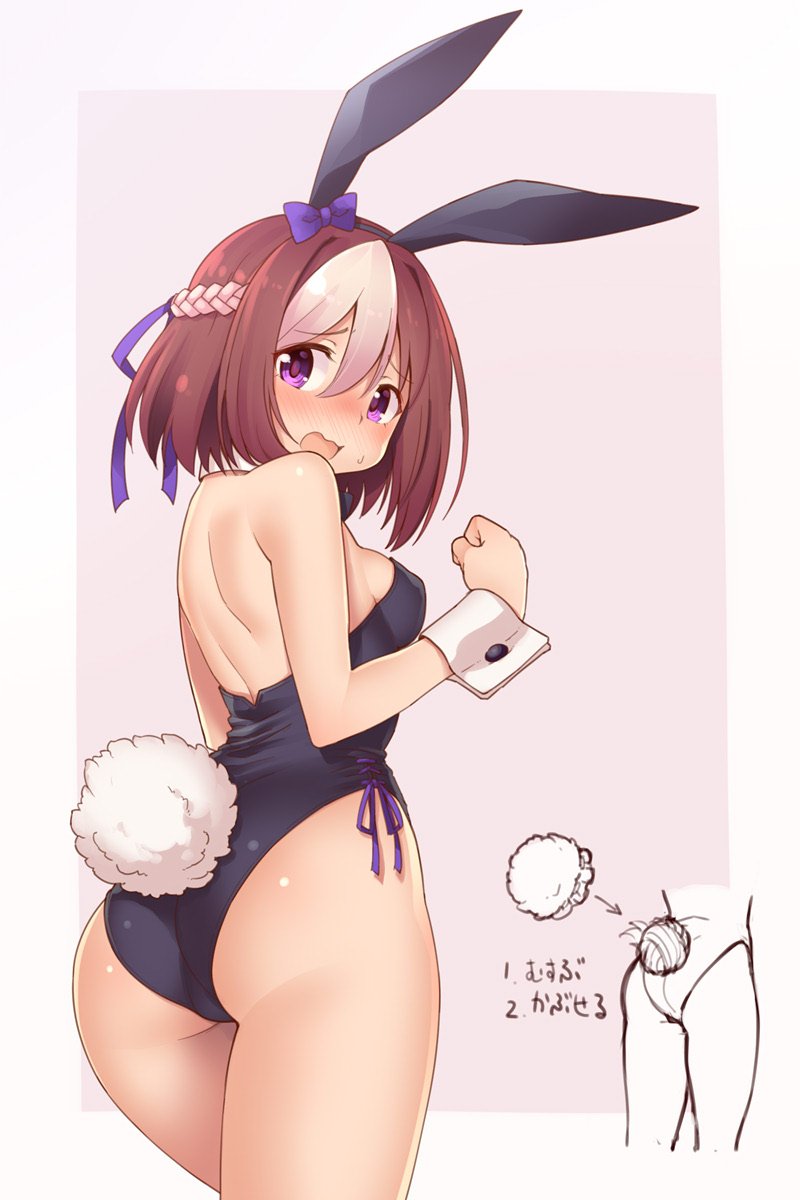 1girl animal_ears ass blush braid brown_hair bunny_tail bunnysuit cowboy_shot diagram embarrassed french_braid from_behind highres hondarai looking_back multicolored_hair nose_blush open_mouth pink_background rabbit_ears short_hair solo special_week standing tail translated two-tone_background two-tone_hair umamusume violet_eyes white_background wrist_cuffs