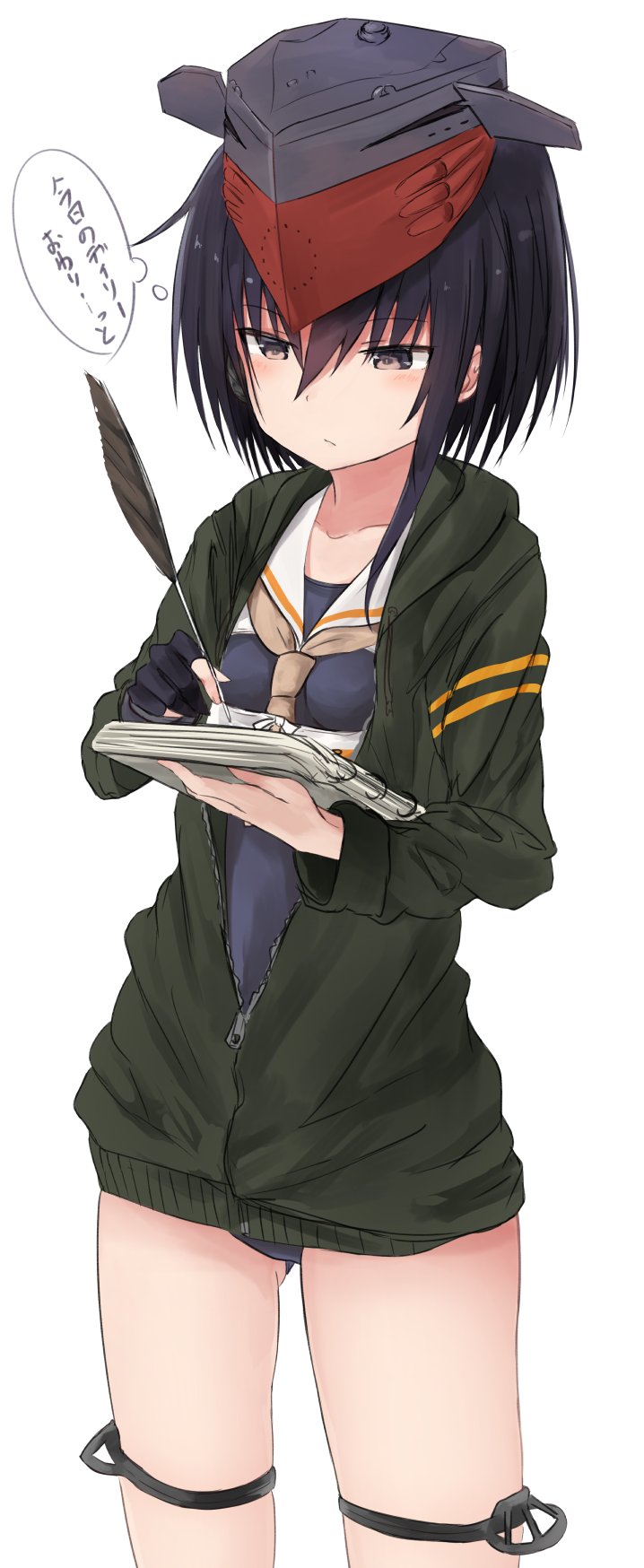 1girl asymmetrical_hair bangs blue_hair blush brown_eyes eyebrows_visible_through_hair feathers gluteal_fold hair_between_eyes headgear highres holding hood hood_down hooded_jacket i-13_(kantai_collection) jacket kantai_collection looking_at_viewer neckerchief notebook partially_unzipped pen sailor_collar school_swimsuit short_hair simple_background solo standing swimsuit swimsuit_under_clothes thigh_strap thought_bubble translated white_background writing yuki_(yukin0128) zipper