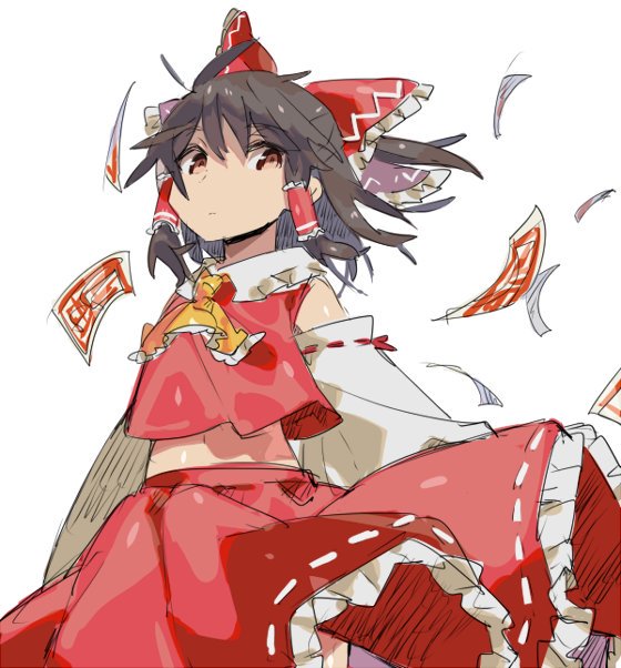 1girl arms_behind_back ascot bangs bare_shoulders black_hair bow brown_eyes closed_mouth detached_sleeves eyebrows eyebrows_visible_through_hair frilled_ascot frilled_skirt frills hair_bow hair_tubes hakurei_reimu navel nontraditional_miko ofuda orange_neckwear red_bow red_skirt ribbon-trimmed_clothes ribbon-trimmed_skirt ribbon-trimmed_sleeves ribbon_trim shirotae_moyashi short_hair simple_background skirt skirt_set solo stomach touhou white_background