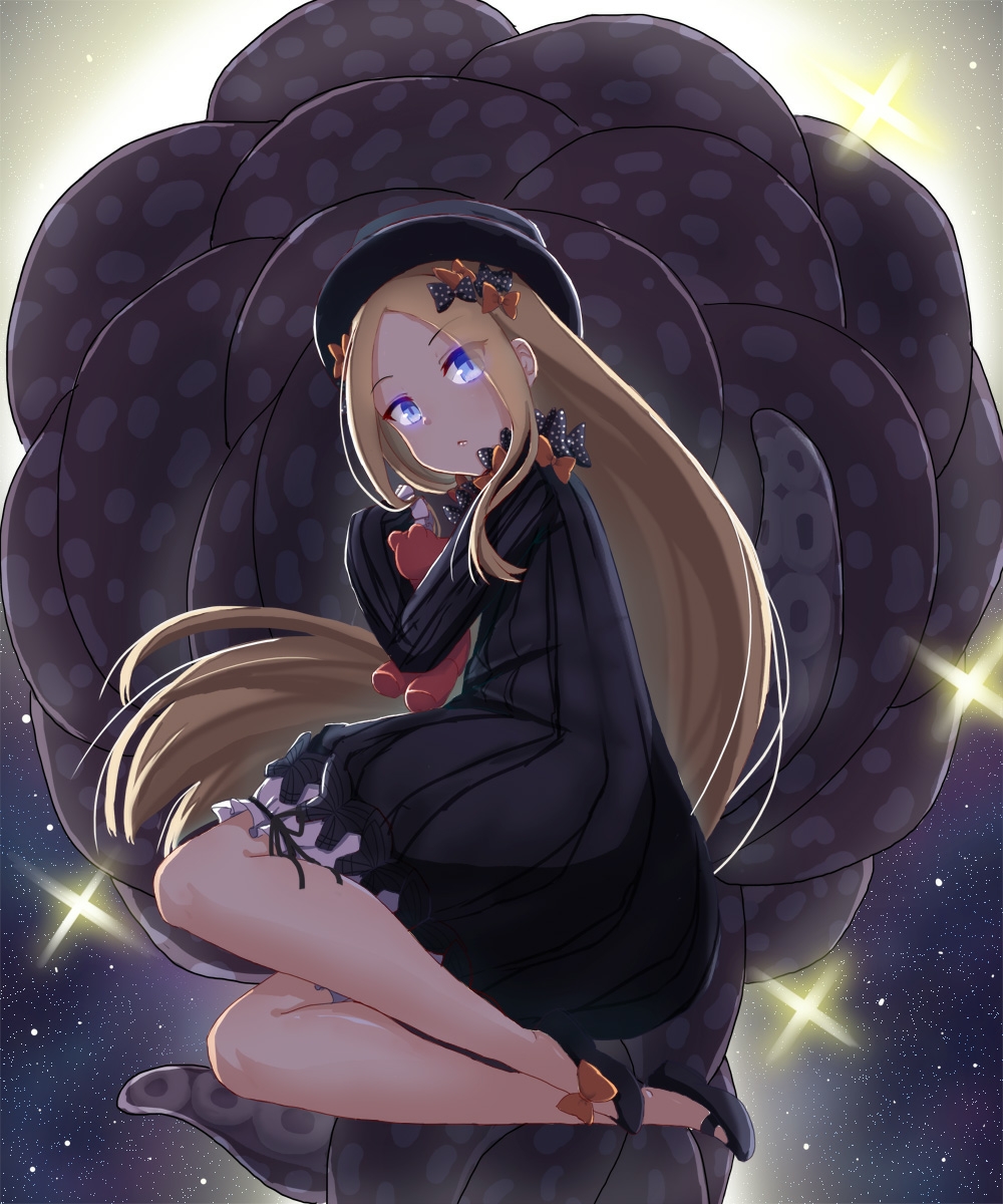 1girl abigail_williams_(fate/grand_order) bangs black_bow black_dress black_footwear black_hat blonde_hair blue_eyes bow bug butterfly closed_mouth commentary_request dress eyebrows_visible_through_hair fate/grand_order fate_(series) forehead hair_bow hat highres insect long_hair long_sleeves looking_at_viewer looking_to_the_side nezirinko object_hug orange_bow parted_bangs pixiv_fate/grand_order_contest_2 polka_dot polka_dot_bow shoes sleeves_past_fingers sleeves_past_wrists solo stuffed_animal stuffed_toy suction_cups teddy_bear tentacle very_long_hair white_bloomers