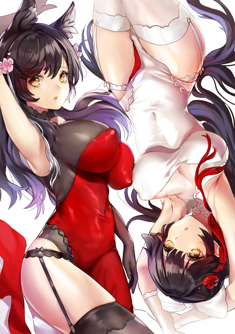 2girls :o alternate_costume animal_ears armpits arms_up atago_(azur_lane) azur_lane bangs between_legs black_gloves black_panties bow breasts china_dress chinese_clothes covered_navel dog_ears dress erect_nipples garter_straps gloves hair_flaps highres large_breasts looking_at_viewer mole mole_under_eye multiple_girls panties pelvic_curtain red_dress side_slit takao_(azur_lane) thigh-highs underwear white_bow white_dress white_gloves white_legwear white_panties wumumu yellow_eyes