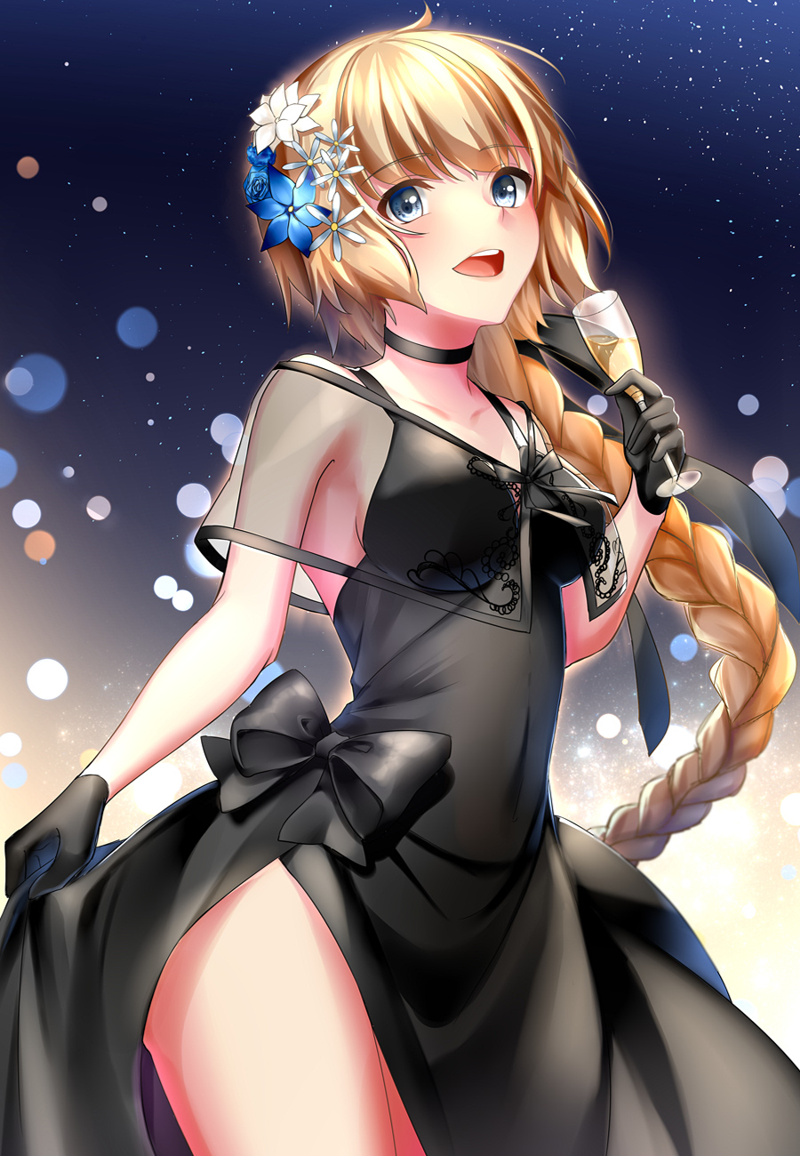 1girl :d alcohol black_choker black_dress black_ribbon blonde_hair blue_eyes blush braid breasts champagne champagne_flute choker commentary_request cup dress drinking_glass fate/grand_order fate_(series) flower hair_flower hair_ornament hair_ribbon highres jeanne_d'arc_(fate) jeanne_d'arc_(fate)_(all) large_breasts long_braid long_hair looking_at_viewer open_mouth pixiv_fate/grand_order_contest_2 ribbon rukinya_(nyanko_mogumogu) side_slit single_braid smile solo