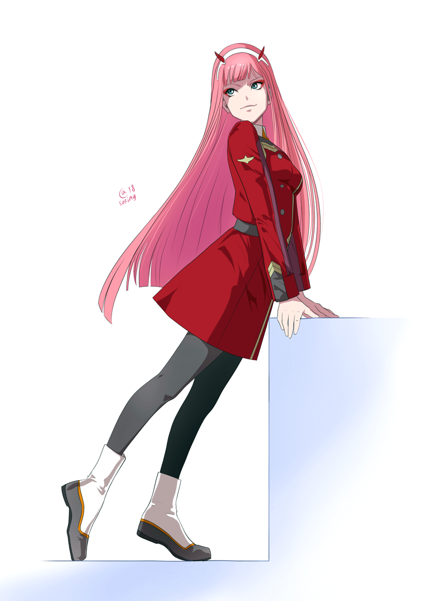 1girl bangs darling_in_the_franxx from_side full_body green_eyes hairband jacket leaning_forward leggings long_hair makeup pink_hair red_horns red_jacket sasha_gladysh smile solo white_footwear white_hairband zero_two_(darling_in_the_franxx)