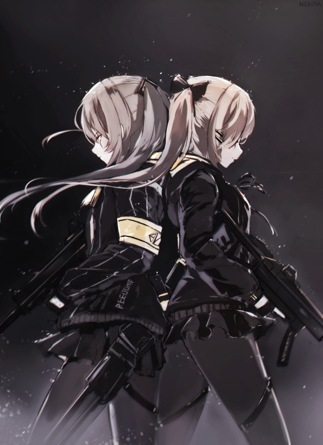 404_logo_(girls_frontline) armband artist_name back-to-back bangs black_gloves black_legwear black_skirt brown_eyes brown_hair closed_mouth clothes_writing cowboy_shot dyolf exoskeleton expressionless eyebrows_visible_through_hair fingerless_gloves floating_hair girls_frontline gloves gun h&amp;k_ump h&amp;k_ump45 h&amp;k_ump9 hair_between_eyes hair_ornament hairclip heckler_&amp;_koch holding holding_gun holding_weapon hood hood_down hooded_jacket jacket light_particles long_hair looking_at_viewer looking_down multiple_girls one_side_up pantyhose pleated_skirt ribbon scar scar_across_eye scarf shirt sidelocks sisters skirt submachine_gun thigh_strap twins twintails ump45_(girls_frontline) ump9_(girls_frontline) weapon wind yellow_eyes