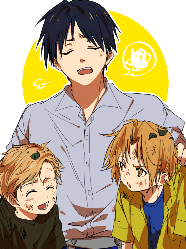 3boys =3 ^_^ alphonse_elric amestris_military_uniform black_hair blonde_hair blue_shirt brothers carboyouko closed_eyes dirty edward_elric frown fullmetal_alchemist grey_shirt happy height_difference leaf leaf_on_head male_focus military military_uniform multiple_boys open_mouth roy_mustang shirt short_hair siblings simple_background smile speech_bubble sweatdrop uniform upper_body white_background yellow_background yellow_eyes yellow_shirt younger